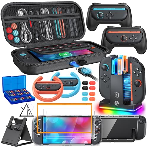 Switch 2 Accessories, [Charge Inside]Case Bundle for Nintendo Switch 2 2025 Console, FYOUNG 23 IN 1 Kit:Carrying Case,Controller Charger,Protective Shell,Grip for Joycon,Steering Wheel for Mario Kart - color: Black Black