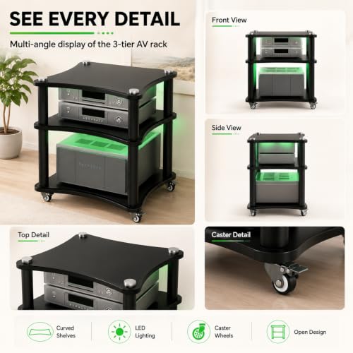 3-Tier AV Media Stand with LED Lights, Heavy Duty Mobile Stereo Cabinet Stand with Wheels, Wooden Stereo Rack, Audio Rack Furniture Perfect for DVD Player/Game Console (with Lights, 3 Tier) - color: With Lights, size: 3 Tier