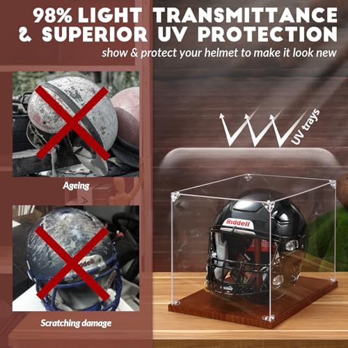 JupDec Football Helmet Display Case, Full Size Acrylic Baseball Motorcycle Helmet Showcase, UV Protection Souvenirs and Collectibles Box with Solid Wood Base & Riser, Ideal Gift for Sports Enthusiast - size: 1 Pack
