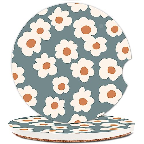 Absorbent Car Cupholder Coaster 2 Pack, Cute Car Coasters with a Finger Notch for Women & Men,2.56" Ceramic Stone & Non-Scratch Cork Base Drink Coasters Car Accessories Gifts (Cute Daisies) - color: Cute Daisies