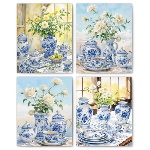 FITIE Blue and White Chinoiserie Floral Wall Art Posters Set of 4, Grandmillennial Home Decor, French Country Cottagecore Porcelain Flower Canvas Prints Artwork Wall Decor, 8x10 Unframed - color: Color-Nature Landscape 05