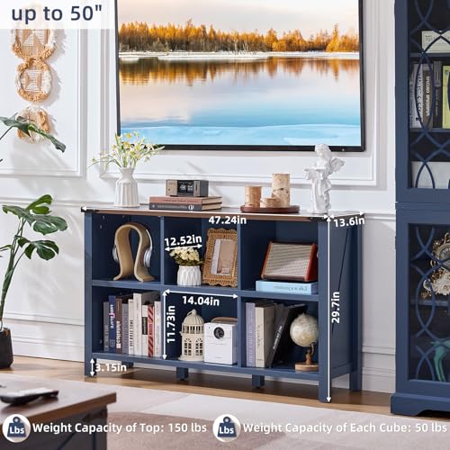Joaxswe 6 Cube Bookcase, Farmhouse Wood Low Storage Organizer Book Shelf, 47" Horizontal Navy Blue Console Bookshelf with Legs, Hallway Book Case for Entryway, Display Cabinet for Living Room, Office - color: Navy Blue, size: 6 Cube (13.6"D x 47.24"W x 29
