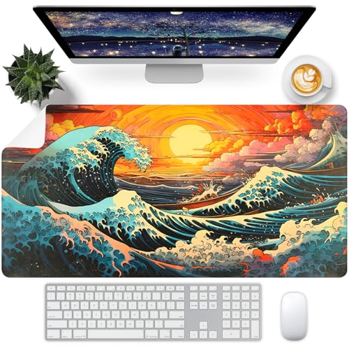 Japanese Sea Wave Desk Pad, Desk Matt for Desktop, Leather Mouse Pad, Waterproof Keyboard Mat, Non-Slip Computer Mat, Keyboard and Mouse Pad for Office Decor (31.5"x15.7") - color: Sunwave, size: 31.5" x 15.7"