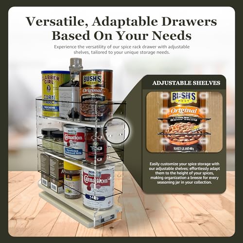 Vertical Spice Adjustable Spice Rack Drawer - Pull Out Cabinet Organizer - Kitchen and Pantry Organizers and Storage - Spice Caddy - 1 Drawer, 2 Upper Tier (3.45" W x 11.25" H x 10.6" D, Cream) - color: 3.25" Drawer, Adjustable Shelves