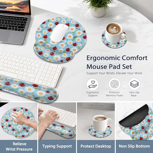Ladybug Wrist Rest Mouse Pad and Keyboard Support Set,Daisy 3 in 1 Ergonomic Memory Foam Mousepad with Non Slip Base, Gaming Mouse Pad for Office and Home - color: Ladybug Daisy