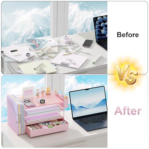 gianotter Wood Desk Organizers and Accessories with File Holder, 4-Tier Desk Accessories & Workspace Organizers with Drawer and Pen Holder, Desk Reference Organizer (Pink, 4T with Drawer) - color: Pink, size: 4T with Drawer