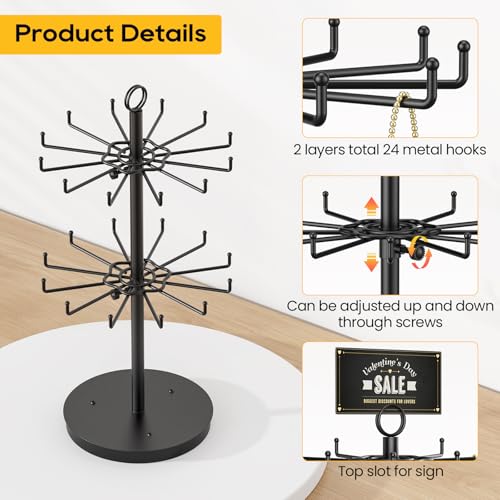 ORLESS 2 Tier Rotating Jewelry Display Stand, Keychain Display Stand with 24 Hooks, Black Metal Retail Display Spinning Holder for Vendor, Spinning Display Rack for Necklace Bracelet Earring Organizer - color: Black-2 Tier