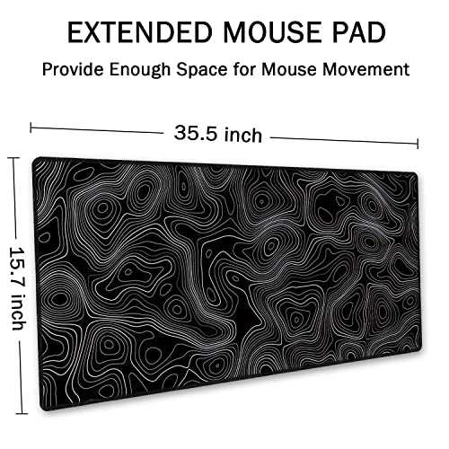 SSOIU Black Topographic Extended Gaming Mouse Pad XXL ArtSo Large Keyboard Mat Long Mousepad Desk Decor Writing Pad Non Slip Rubber Base Stitched Edges for Work, Game, Office, Home, 35.5" x 15.7" - color: Black Topographic