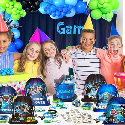 SNLN Video Game Party Favors Birthday Supplies, Gamer Drawstring Bag Keychain Silicone Bracelet Tattoo Sticker, Gamer Gaming Birthday Party Favor Goodie Bag Stuffers Fillers Classroom Rewards for Kids - style: Video Game