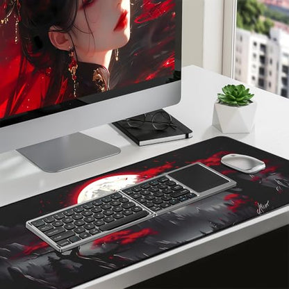 FreeNook Large Gaming Mouse Pad, Anime Black Mousepad with with Non-Slip Base, Expanded Cool Desk Mat, Mountain Moon Scenery XL Keyboard Mat Suitable for Home Office,31.5 X 11.8 Inch - color: Trees Mountains, size: 31.5L x 11.8W inches
