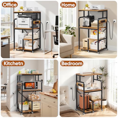 POKIPO Large 4 Tier Printer Stand, 26.7 x 21.2 x 50.2 Inches Tall Printer Cart with Power Outlets 4-Adjustable Heavy Duty Rolling Shelf for Home Office Kitchen Stand for Paper Shredder Mini Fridge