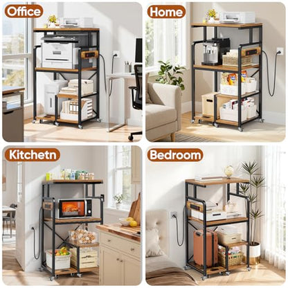 POKIPO Large 4 Tier Printer Stand, 26.7 x 21.2 x 50.2 Inches Tall Printer Cart with Power Outlets 4-Adjustable Heavy Duty Rolling Shelf for Home Office Kitchen Stand for Paper Shredder Mini Fridge