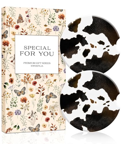 Swooflia Car Coasters for Women - Classic Brown Cow Print Car Cup Coasters Absorbent Cup Holder Coasters for Car 2 Pcs Ceramic Car Cupholder Coaster with Cork Base Car Interior Accessories - color: Gradient Brown Cow Print