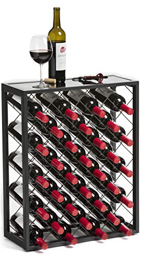 Mango Steam 32 Bottle Gray Wine Rack with Glass Top Shelf, Free Standing for Home, Kitchen and Bar - color: Pewter, size: 32 Bottle
