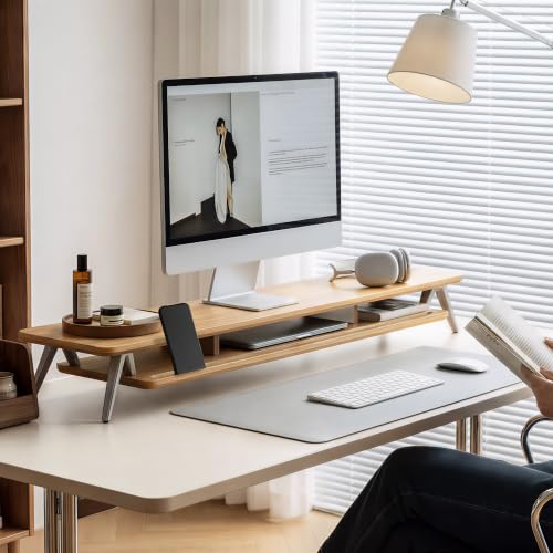 Fenge Dual Monitor Stand, Monitor Stands Riser for 2 monitors, 42.5 Inch Wood Desk Shelf with Storage Organizer and Cable Management for Office Desk Accessories - color: Dark Oak, size: 42.5 Inch