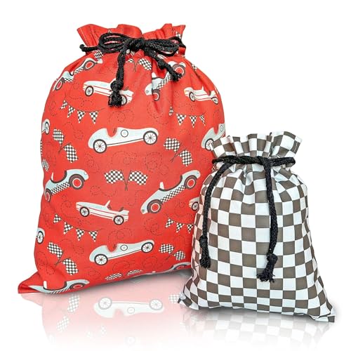 Gather & Knot Drawstring Gift Bags | 20" Large 12" Small | Premium Canvas | Reusable Fabric Wrap for Boy Birthday, Baby Shower | Cars Party Theme Decor | Race Car - color: Race Car