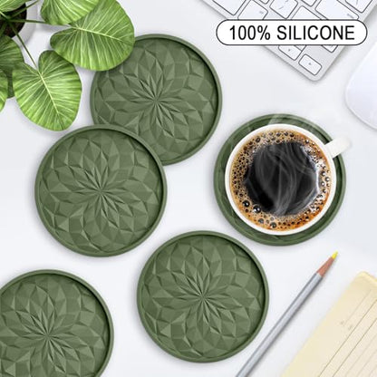 ME.FAN Silicone Coasters with Holder,[6 Pack] Drinking Coasters - Cup Mat for Hot or Cold Drinks, Thickened, Non-Slip, Non-stick,Deep Tray Olive Green - color: Olive Green