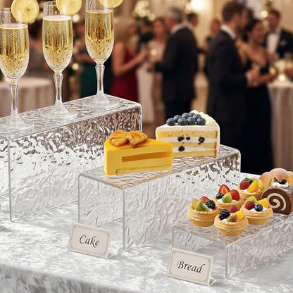 3 Pcs Clear Acrylic Display Stand with Crystal Texture, 4.5mm Thick Premium Acrylic Riser Set for Jewelry, Desserts, Handbags & Collectibles, Multi-Size Display Holder for Party & Home Decor