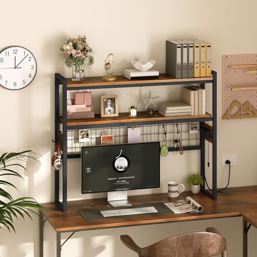 HOOBRO Desktop Bookcase, 37.4" Large Desk Shelf, 2-Tier Desktop Organizer, Wooden Office Storage Rack with Outlets, Display Shelf Rack with Light Strip, Desk Hutch for Office, Rustic Brown BF13UDSJ01 - color: Rustic Brown + Black, size: 37.4"D