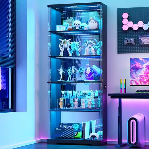 TAGELIER 69" Tall Display Cabinet with Glass Doors, RGB Lights | 5-Tier Shelves, Modern Locking Wooden Display Case for Collectibles, Figures, Books, Human Sensor, Black - color: Black