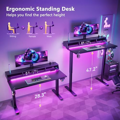OffiGo Gaming Standing Desk with LED Light, 48 Inch Electric Height Adjustable Table with Power Outlet & Floating Monitor Stand, Sit Stand Computer Workstation for Home, Bedroom, Black