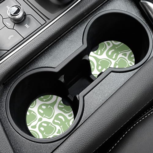 Car Coasters,Purple Smily Absorbent 2 Pack for Cup Holders with Finger Notch,2.56 inches Ceramics Heat Resistant Anti Slip Cork Base Car Drinks Coasters Auto Cup Holder(Pale Green face) - color: Pale Green Face