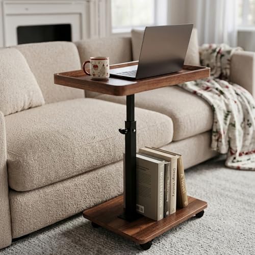 Adjustable Height C Table Side Table with Wheels, 360°Swivel C-Shaped Snack Table with Storage Shelf for Small Spaces, Couch Tray Table, Wood Overbed Sofa Table for Couch Bed Work Eating