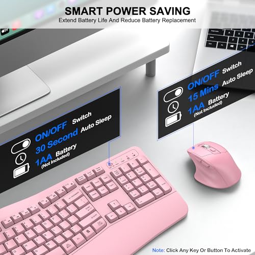 Wireless Keyboard and Mouse Combo, 2.4G Full Size Wave Keys Ergonomic Keyboard with Wrist Rest and 3-Level DPI Adjustable Wireless Ergonomic Mouse for Windows, Mac OS Desktop/Laptop/PC(Pink) - color: Pink