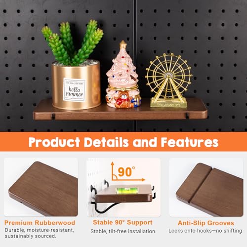 2 Pcs Walnut Finish Wooden Pegboard Shelf for 1/4" Metal Pegboard | Hardwood, High Balance No Tilt, Natural texture, Pegboard Accessories for Craft Room Home Garage Workbench