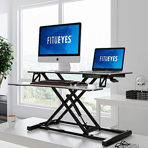 FITUEYES Height Adjustable Standing Desk 32” Wide Sit to Stand Converter Stand Up Desk Tabletop Workstation for Laptops Dual Monitor Riser White SD308003WW - color: White