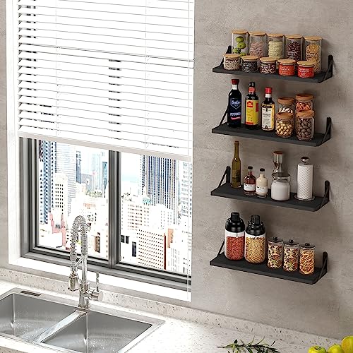 Fixwal Floating Shelves, Width 4.75in Rustic Wood Wall Shelves Set of 8, Wall Storage Shelves for Bedroom, Living Room, Kitchen, Bathroom, Office and Plants (Black) - color: Black, style: 8pcs