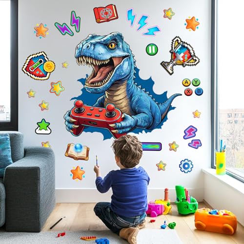 Gaming Dinosaur Wall Stickers Blue Pixel Art Dinosaur Game Console Trophy Decal Cartoon Peel and Stick for Kids Room Playroom (Dinosaur)