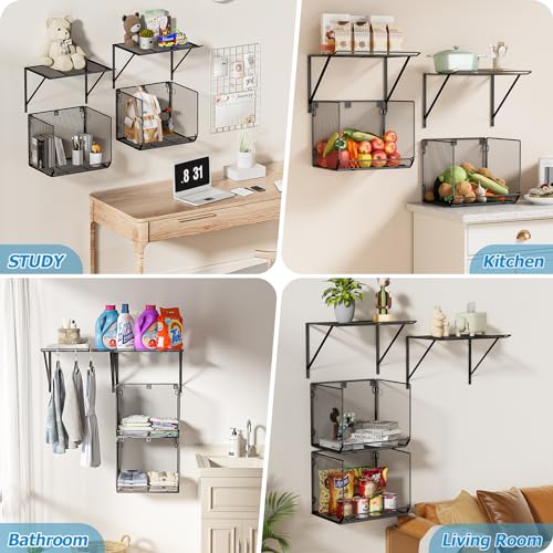 2 Pack Laundry Room Shelves Organization and Storage,Wall Mounted Clothes Drying Rack with Wire Mesh Basket Over Washer and Dryer, (Black, 2 Pack) - color: Black
