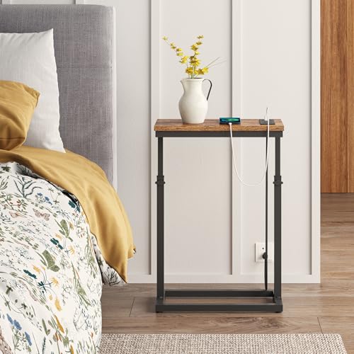 TUTOTAK End Table with Charging Station, Side Table, Tall Couch Table, Sofa Table, Living Room, Bedroom,Brown TB01BB084 - color: Brown, size: 1 Pack, style: With Plug
