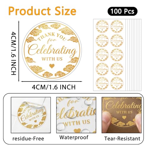 100PCS Thank You for Celebrating with Us Stickers,Gold Party Favor Labels with Elegant Cloud Design Stickers for Wedding, Birthday, Baby Shower, Graduation Favor Bags & Dessert Table 1.6" (Gold)