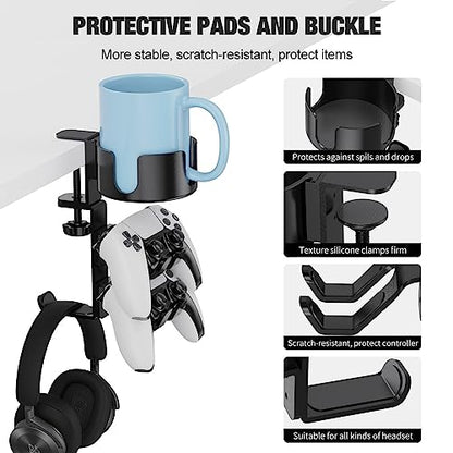 360° Rotating Controller Headphone Holder - Larger Desk Cup Holder with Adjustable Headset Hanger Controller Stand | Clamp On Desk Organizer | Gaming Pc Accessories