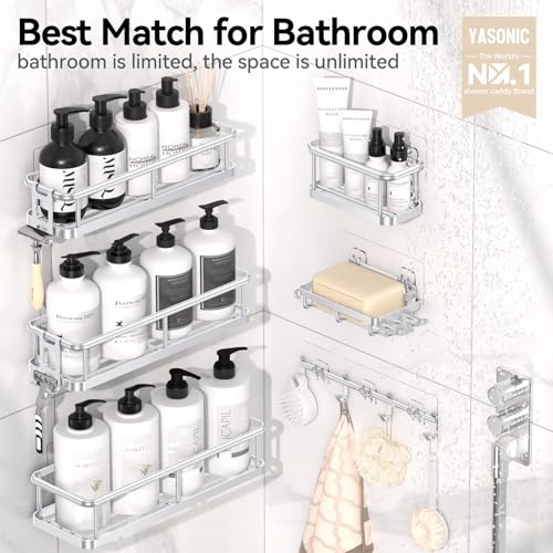 YASONIC Shower Caddy Adhesive, Rustproof Shower Organizer with Soap Holder, Large Capacity Shower Shelves for Inside Shower, No Drilling Bathroom Organizers and Storage for Home Decor（6 Pack Silver） - color: Silver, size: XXL