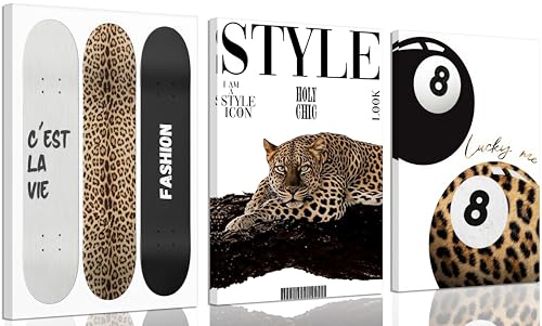 3Pcs Trendy Leopard Canvas Wall Art Preppy Aesthetic Stylish Leopard Painting Picture Wall Decor Funky Lucky 8 Ball Cheetah Poster Print Artwork for Bedroom Living Room Bathroom Home Decoration - color: Canvas, size: 16"L x 12"W