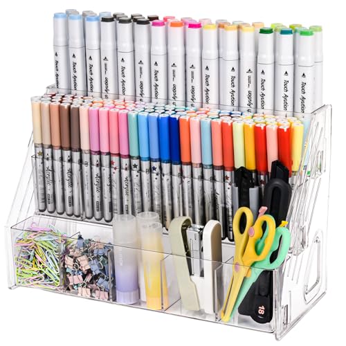 CELSOL Acrylic Pen Holder – 3 Tier 15 Compartments Vertical Storage for Markers, Pens & Art Supplies – Clear Desk Organizer for Home, School & Office – Ideal for Space-Saving & Desk Organization - size: 3 Tier