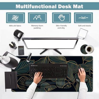 ARTSO Desk Mat Set, Large Gaming Mouse Pad Wrist Support, Keyboard Wrist Rest Ergonomic Desk Pad with Coaster Combo, Extended Mousepad with Non-Slip, Art Tropical Leaves - color: Art Tropical Leaves