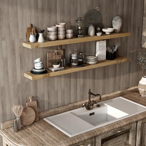 Acovy 72" Unfinished Solid Reclaimed Wood Floating Shelves, Rustic Heavy-Duty Wall Shelves, 8" Deep Floating Shelf for Living Room, Bathroom, Bedroom and Kitchen, Set of 1, Natural - color: Natural, size: 72inches-1P