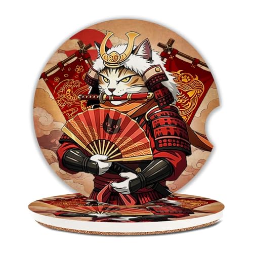 Ninja Cat Car Coasters for Cup Holders Set of 2 Absorbent Ceramic Cup Coaster 2.63" Non-Slip Cork Base Drink Coasters Gifts for Cat Lovers Car Accessories Interior - color: Ninja Cat