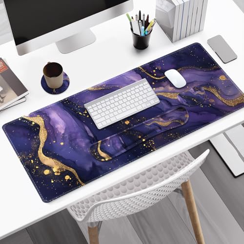 Large Gaming Mouse Pad Set, 4 in1 Ergonomics Keyboard Desk Mat with Memory Foam Wrist Rest, Extended Game Mousepad, Non-Slip Desk Pad Matt Easy Typing Pain Relief I Purple Golden Marble - color: Purple Golden Marble