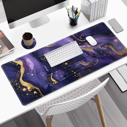 Large Gaming Mouse Pad Set, 4 in1 Ergonomics Keyboard Desk Mat with Memory Foam Wrist Rest, Extended Game Mousepad, Non-Slip Desk Pad Matt Easy Typing Pain Relief I Purple Golden Marble - color: Purple Golden Marble
