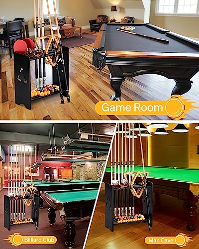 EXTCCT Pool Cue Stick Holder - Floor Stand Billiards Rack Oak Solid Wooden Holds 9 Cues and Pool Table Accessories Organizer - color: Cup Slots - Black