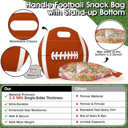 AKAIXI 24pcs 3.5Mil Thickened Football Snack Bags Reusable Sealed Bags | with Handle Stand-up Football Goodie Bags for Team Practice/Game Day Party Supplies, Gifts for Football Lovers Players Coache - color: Football