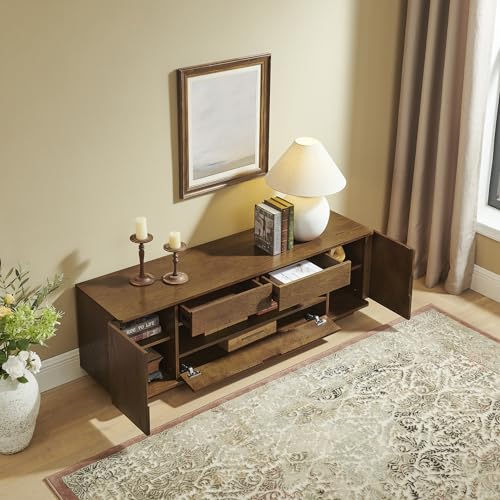 LKTART 59" Mid-Century Modern TV Stand, Solid Wood Veneer Entertainment Center with Storage Drawers & Cable Management,Eco-Friendly Paint Finish Media Console for 50/55/60/65 inch TVs,Walnut - color: 59" Walnut