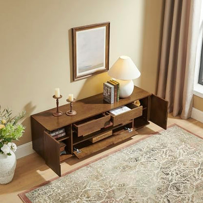LKTART 59" Mid-Century Modern TV Stand, Solid Wood Veneer Entertainment Center with Storage Drawers & Cable Management,Eco-Friendly Paint Finish Media Console for 50/55/60/65 inch TVs,Walnut - color: 59" Walnut
