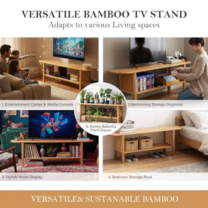 Tiita TV Stand with Storage for TVs up to 65'', Bamboo TV Console Entertainment Center with 2 Open Shelf, Mid Century Modern Media Console for Living Room, Bedroom, Wood - color: Classic Wood