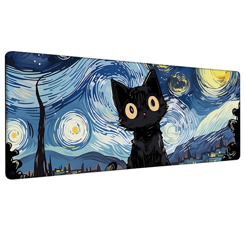 Black Cat Starry Night Gaming Mouse Pad with Stitched Edges Non-Slip Rubber Base Mouse Pad for Office,Computer,Keyboard,Laptop and Home Desk,31.5 x 11.8 Inch - color: Black Cat Starry Night, size: 11.8*31.5inch